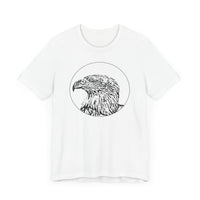 Eagle Eye Tee Front View: Eagle graphic on a unisex cotton t-shirt | White