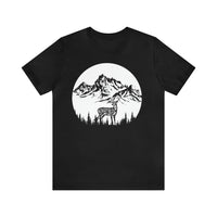 Deer Graphic Tee featuring a majestic deer in the mountains on a white cotton shirt - Black