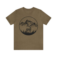 Deer Graphic Tee featuring a majestic deer in the mountains on a white cotton shirt - Heather Olive