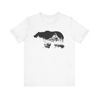 Bearvironment Tee Front View - Hand-drawn bear silhouette with mountain forest on a White t-shirt