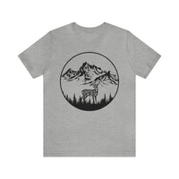 Deer Graphic Tee featuring a majestic deer in the mountains on a white cotton shirt - Athletic Heather