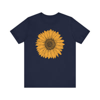 Hand-drawn sunflower graphic on white T-shirt in Navy