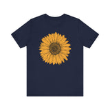 Hand-drawn sunflower graphic on white T-shirt in Navy