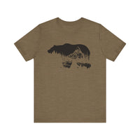 Bearvironment Tee Front View - Hand-drawn bear silhouette with mountain forest on a Heather Olive t-shirt