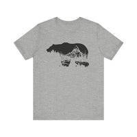 Bearvironment Tee Front View - Hand-drawn bear silhouette with mountain forest on a Athletic Heather t-shirt