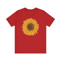 Hand-drawn sunflower graphic on white T-shirt in Red