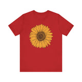 Hand-drawn sunflower graphic on white T-shirt in Red