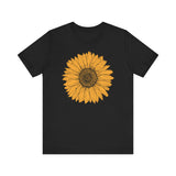 Hand-drawn sunflower graphic on white T-shirt in Black