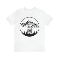 Deer Graphic Tee featuring a majestic deer in the mountains on a white cotton shirt - White