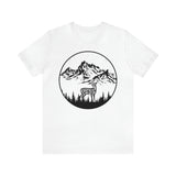 Deer Graphic Tee featuring a majestic deer in the mountains on a white cotton shirt - White