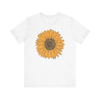 Hand-drawn sunflower graphic on white T-shirt in White