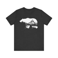 Bearvironment Tee Front View - Hand-drawn bear silhouette with mountain forest on a Dark Grey Heather t-shirt