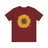 Hand-drawn sunflower graphic on white T-shirt in Cardinal