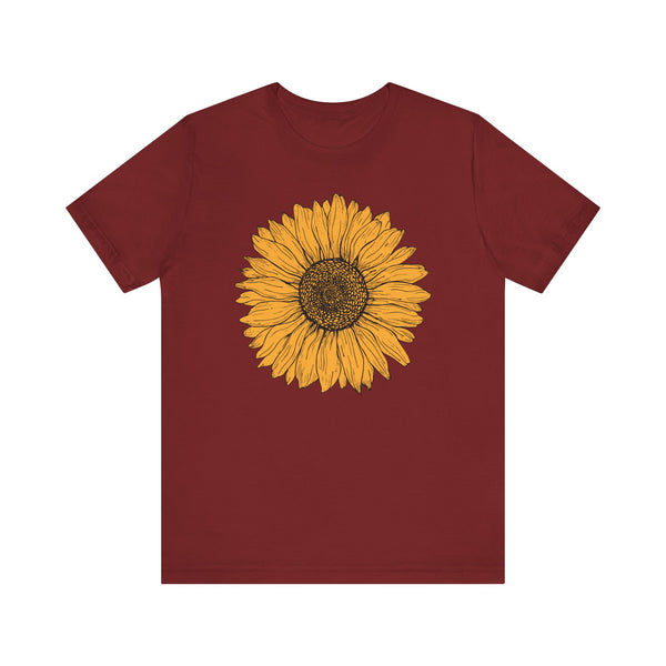 Hand-drawn sunflower graphic on white T-shirt in Cardinal