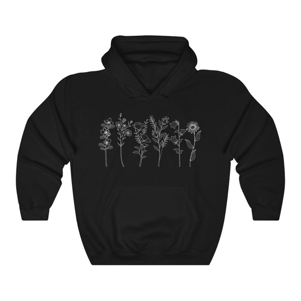 Wild Flowers Hoodie front view with flower prin in Black