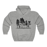 Trees Hoodie with tree design on a comfortable unisex heavy blend hoodie in Sport Grey