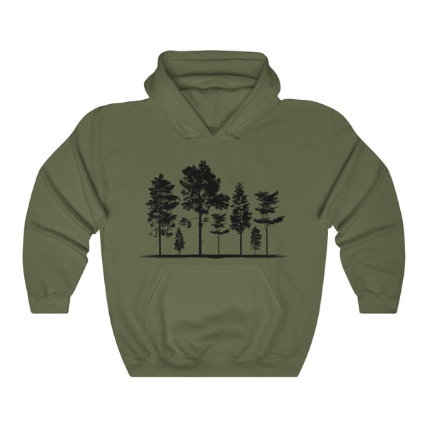 Trees Hoodie with tree design on a comfortable unisex heavy blend hoodie in Military Green