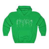 Wild Flowers Hoodie front view with flower prin in Irsh Green