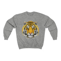 Tiger print sweatshirt front view - Animal print crewneck in Sport Grey