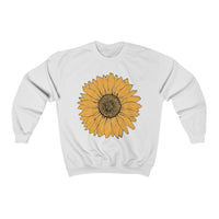 Sunflower Sweatshirt front view with vibrant flower print in White