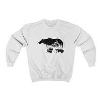 Front view of Bearvironment Sweatshirt with hand-drawn bear landscape - White