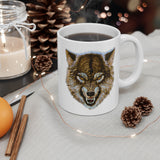 Front view of White Ceramic Wolf Mug 11 oz